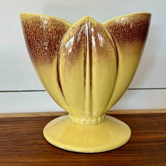 Royal Haeger Glazed Ceramic Yellow Brown Tulip Vase Ceramic Blended Beaded Base - Picture 5 of 13